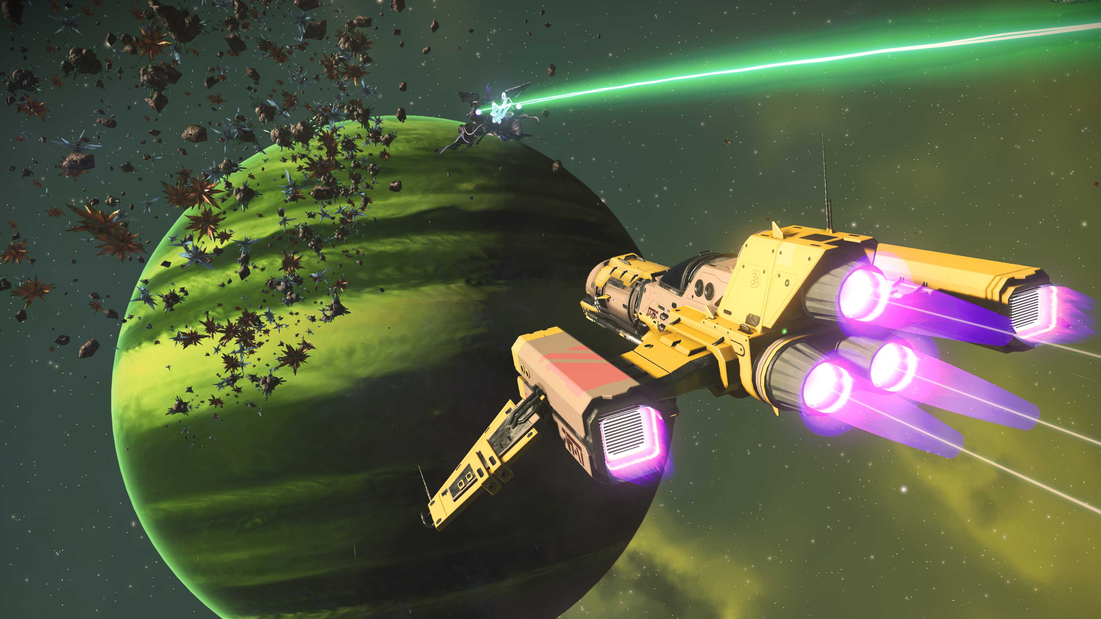 Two spaceships flying towards a green planet in No Man's Sky's Worlds Part 2 update.