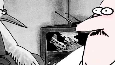 Far Side, skeptical man (foreground) bird watching a plane crash on TV (background.)