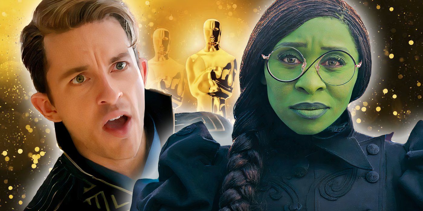 An edited image of Elphaba and Fiyero in Wicked with Oscars behind them.