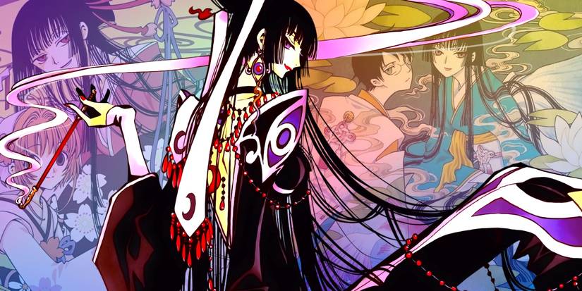 Yuko smoking her pipe while sitting down. Behind her, covers from the xxxHOLIC manga can be seen.