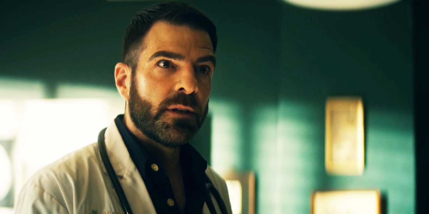 Zachary Quinto as Dr Wolf in Brilliant Minds season 1, episode 12, talking to interns