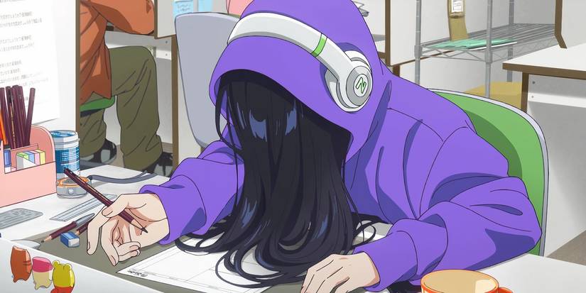 Natsuko in the real world with her hoodie up, wearing headphones, and her long black hair obscuring her face