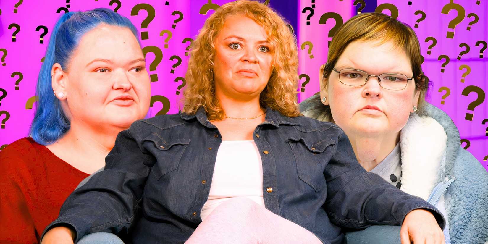 монтаж с Эмандой Халтерман, Эми и Тами Слэтон на заднем плане с вопросительными знаками