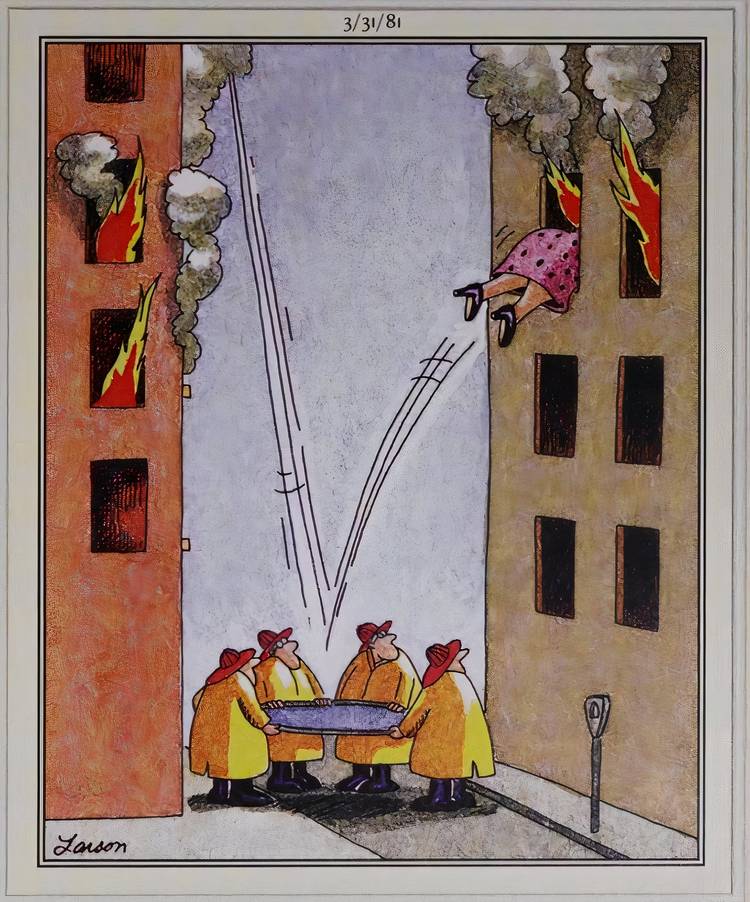 A woman bouncing on a trampoline into a burning building in The Far Side.