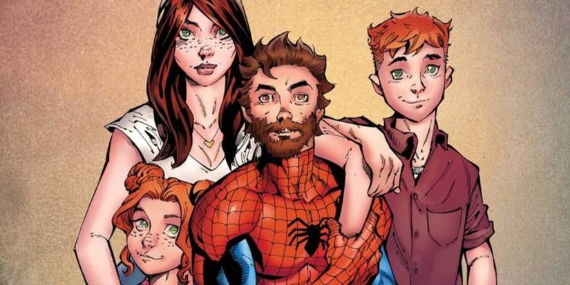 Peter Paker in his Spider-Man suit from the neck down posing for a picture with his wife, son, and daughter.