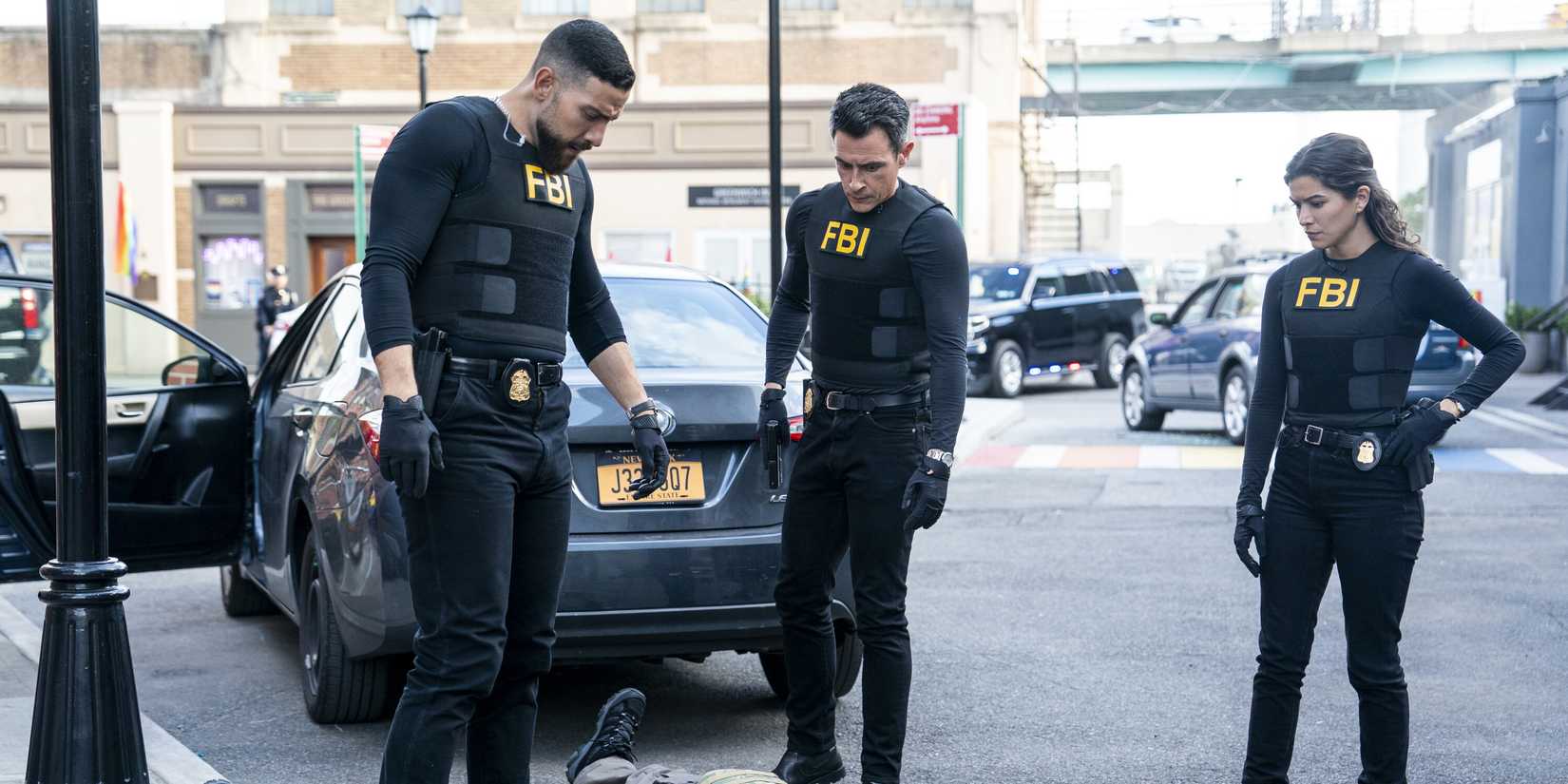 Zeeko Zaki as Special Agent Omar Adom ‘OA’ Zidan, Bobby McFarlane as Stunt Kyle, John Boyd as Special Agent Stuart Scola, and Lisette Olivera as Special Agent Sydney Ortiz in FBI season 7, episode 9