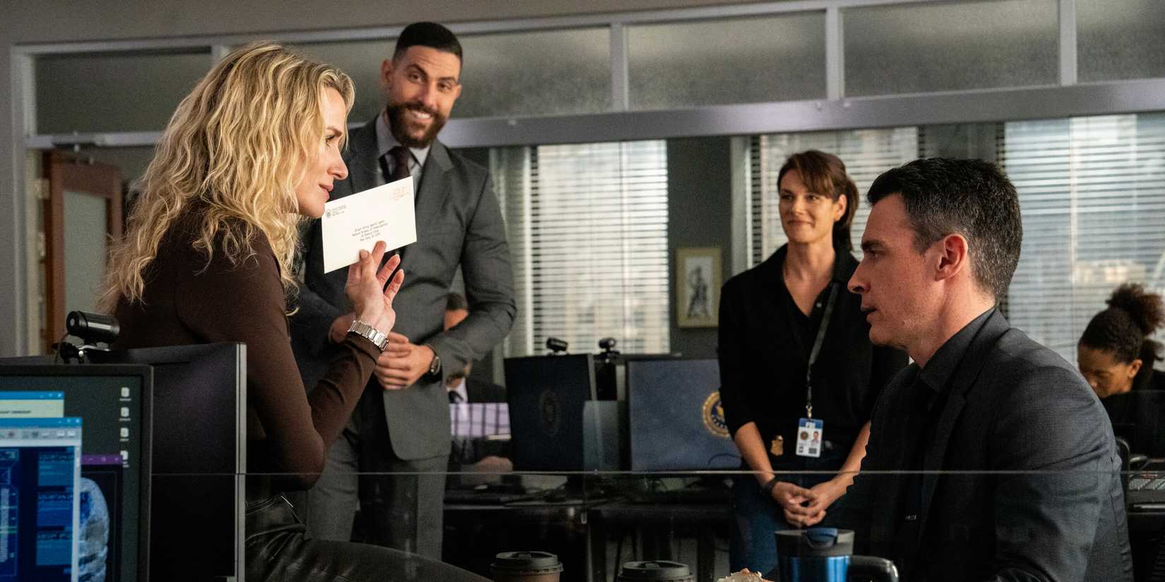 Shantel VanSanten as Special Agent Nina Chase, Zeeko Zaki as Special Agent Omar Adom ‘OA’ Zidan, Missy Peregrym as Special Agent Maggie Bell, and John Boyd as Special Agent Stuart Scola in FBI season 7, episode 9
