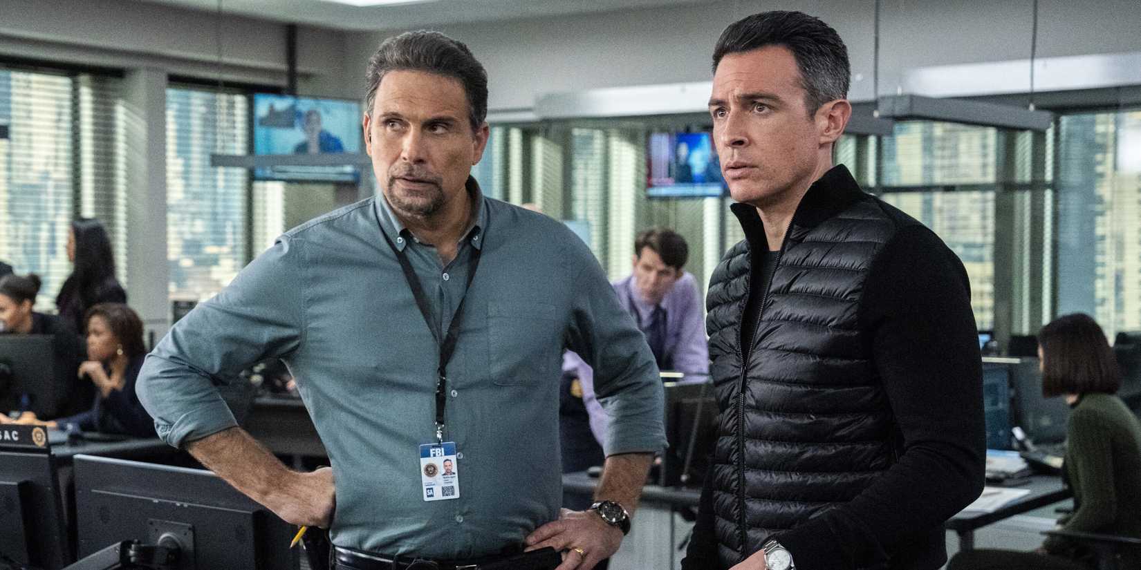 Jeremy Sisto as Assistant Special Agent in Charge Jubal Valentine and John Boyd as Special Agent Stuart Scola in FBI season 7, episode 9