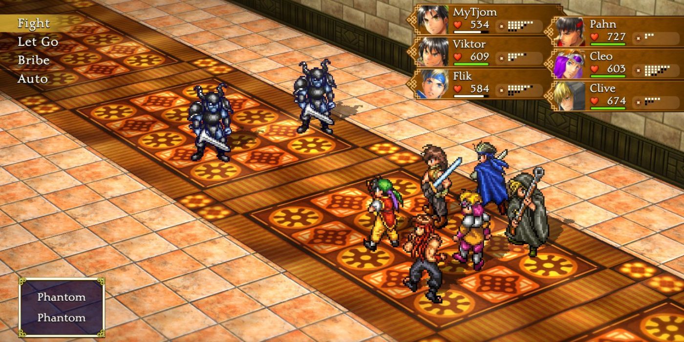 The hero and his party fighting a team of Phantoms in Suikoden I HD Remaster