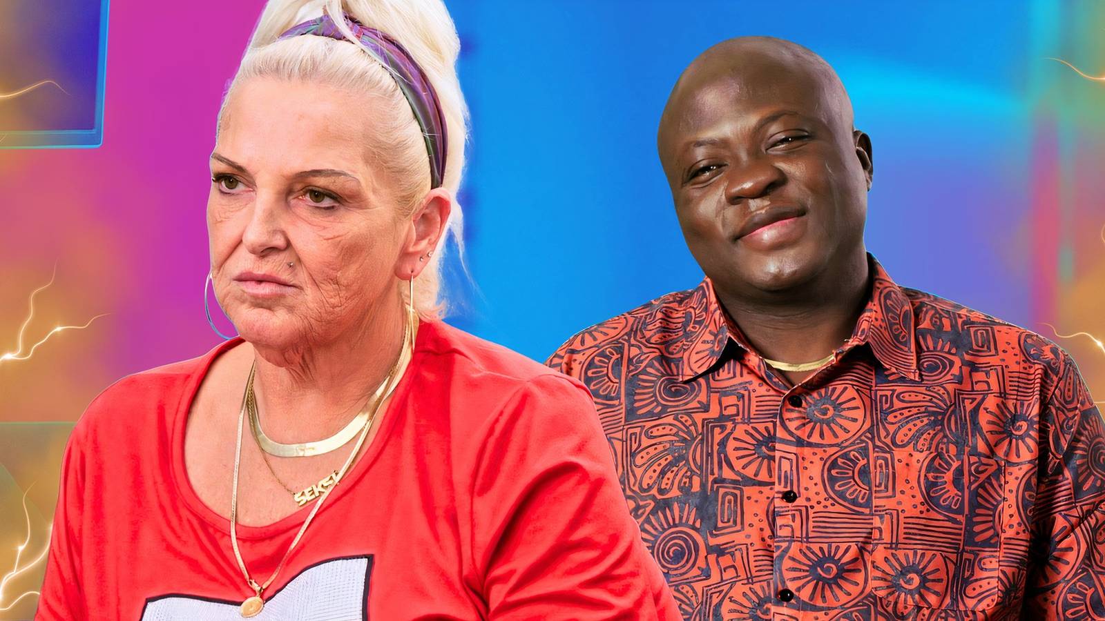 90 Day Fiancé's Angela Deem glum in red top with Michael Ilesanmi smiling in printed shirt