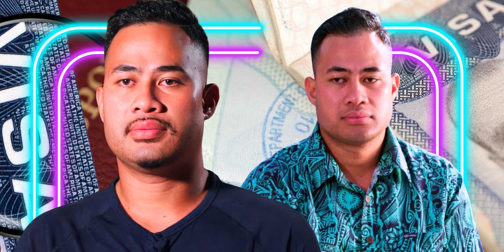 90 Day Fiance Asuelu Pulaa in side by side images with and withour a mustach with visa background