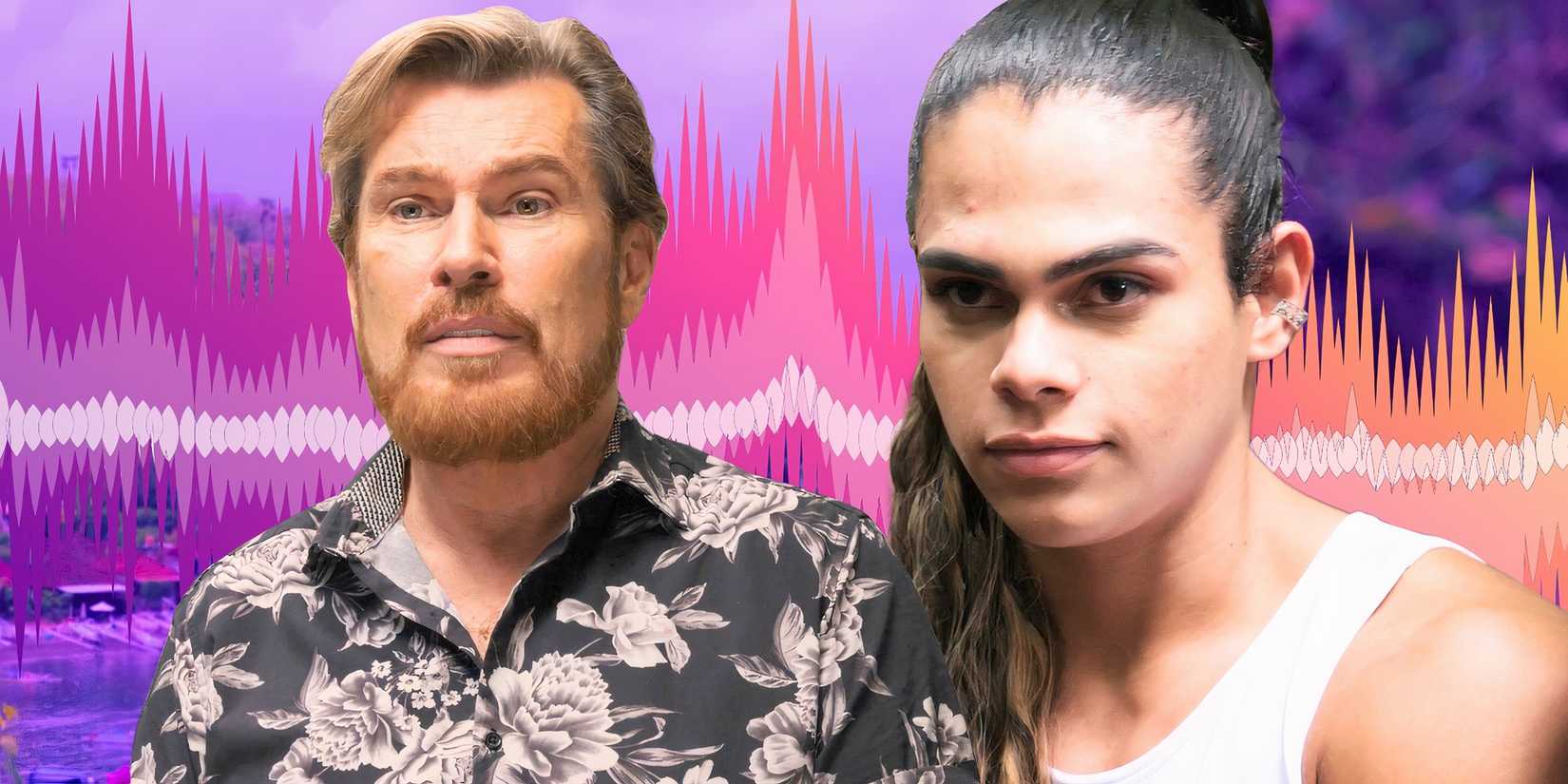 90 day fiance stars Shawn and Alliya in serious montage with electric currentl style background in pink tones