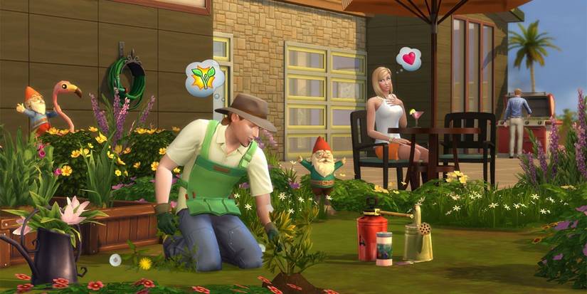 A pair of Sims gardening in The Sims 4.