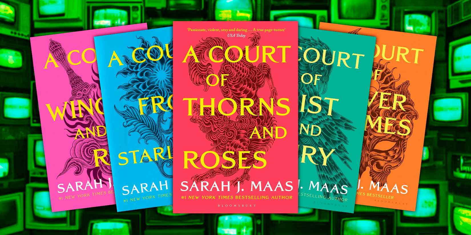 The books in Sarah J. Maas' Court of Thorns & Roses series with green TVs as the background