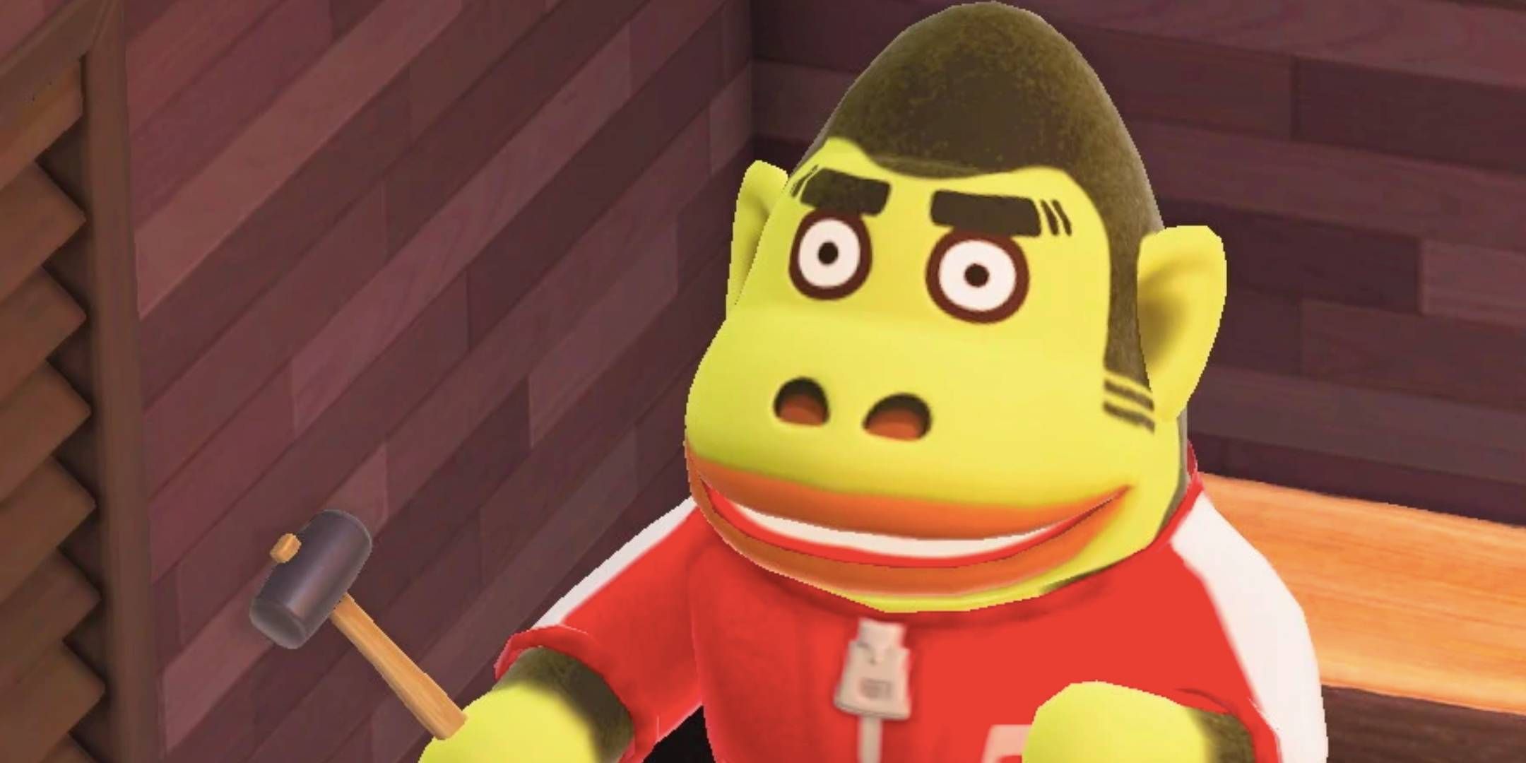Al looking confused with a hammer in Animal Crossing: New Horizons.