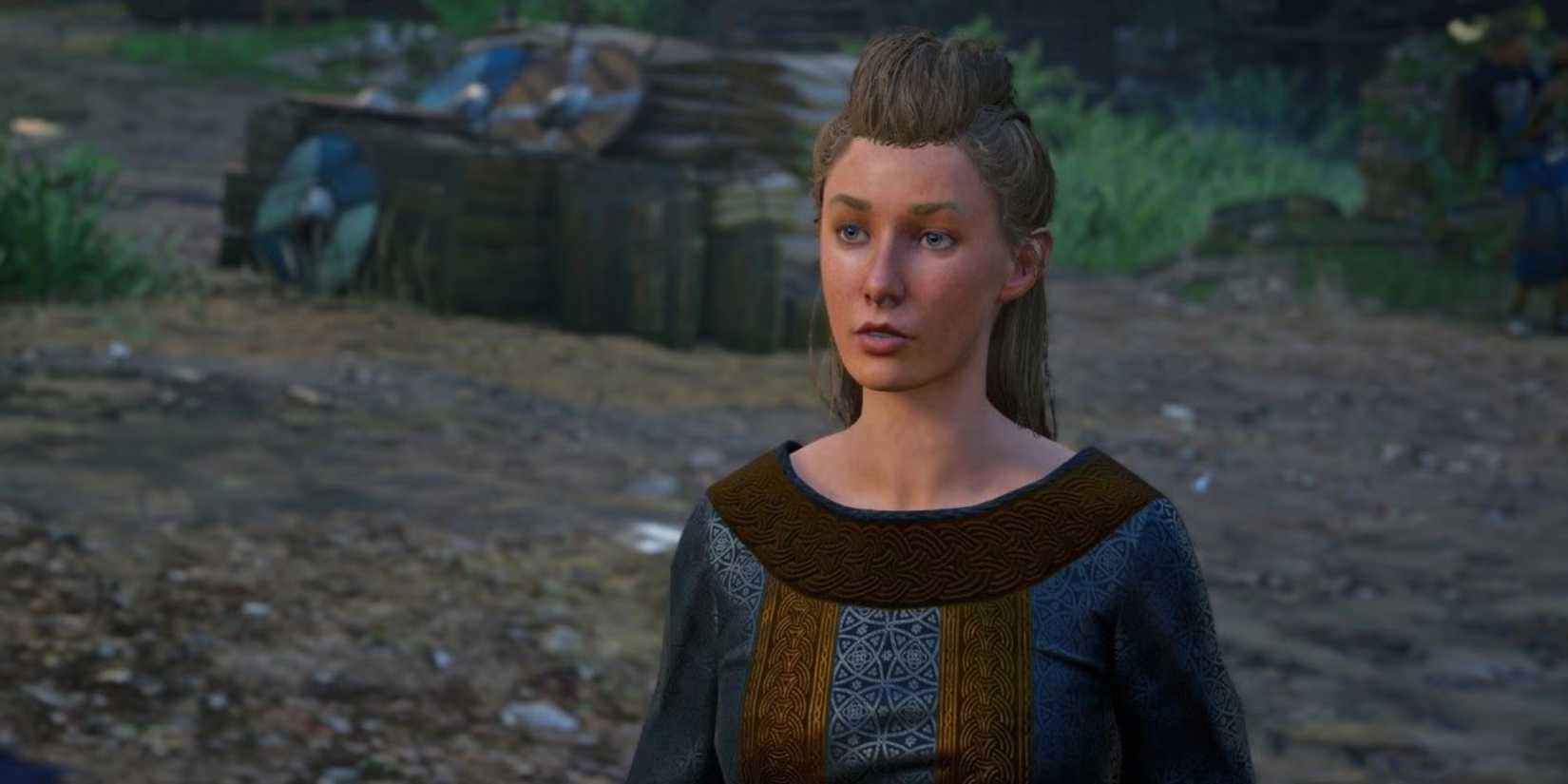 Estrid from assassin's creed valhalla looking at the player about to speak