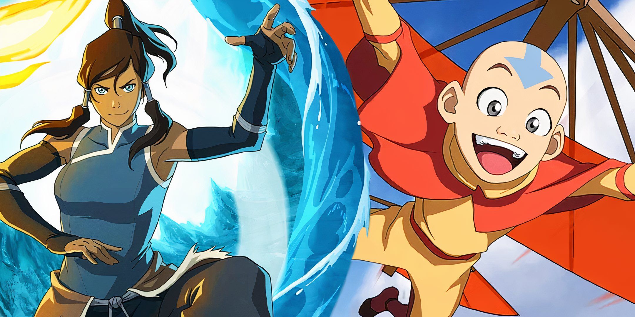 A composite image of Korra bending water next to Aang flying on his kite in Avatar: The Last Airbender and The Legend of Korra