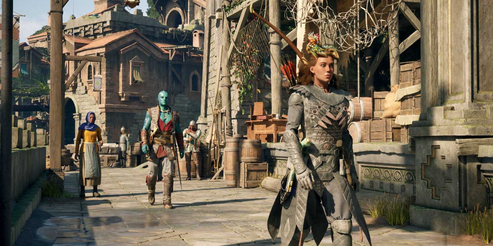 The player and Kai walking through a city in Avowed.