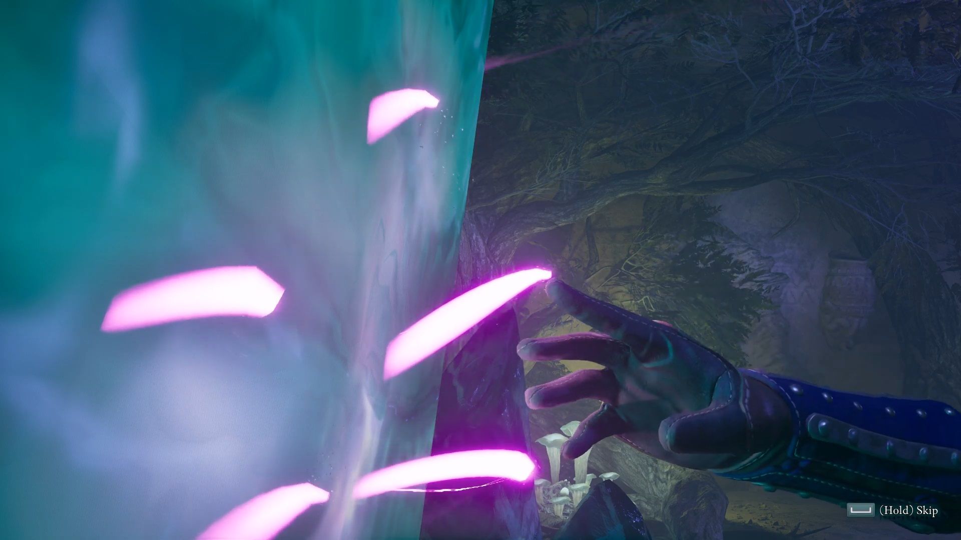 Avowed's Envoy encountering Sapadal through an adra pillar.