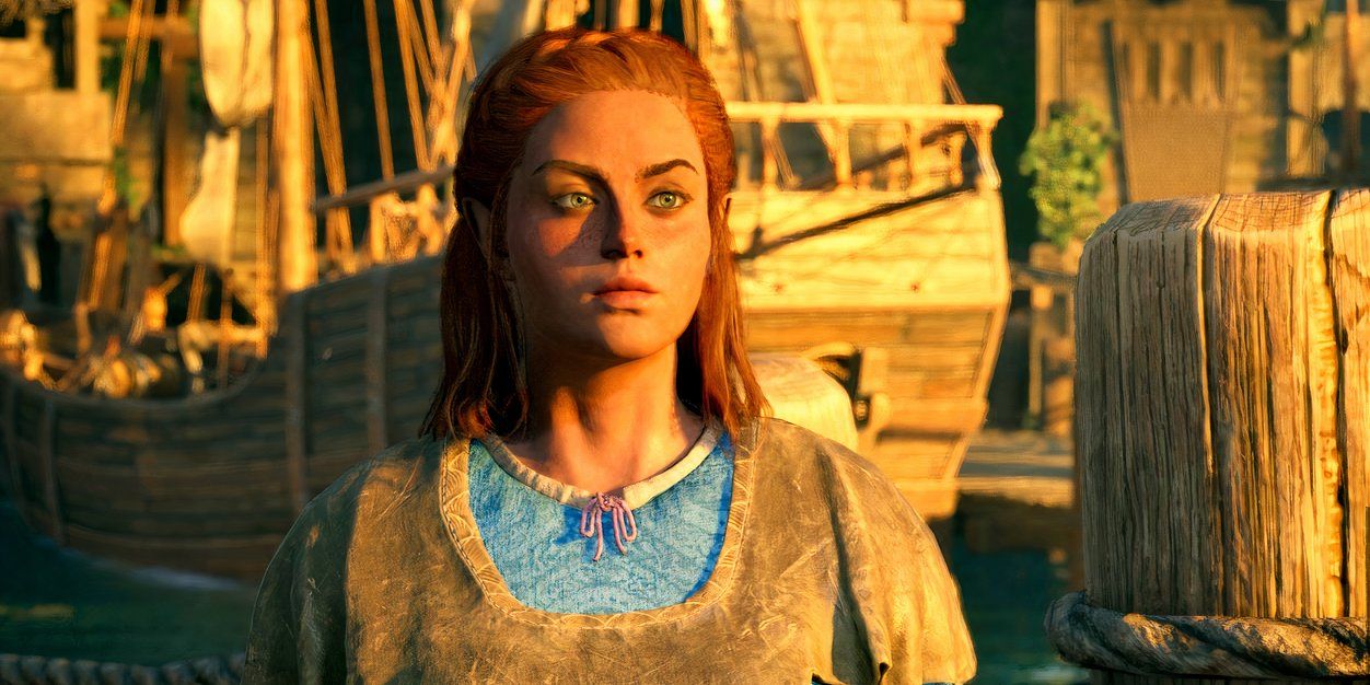 Avowed's Ilora in Dawnshore harbor near a boat.