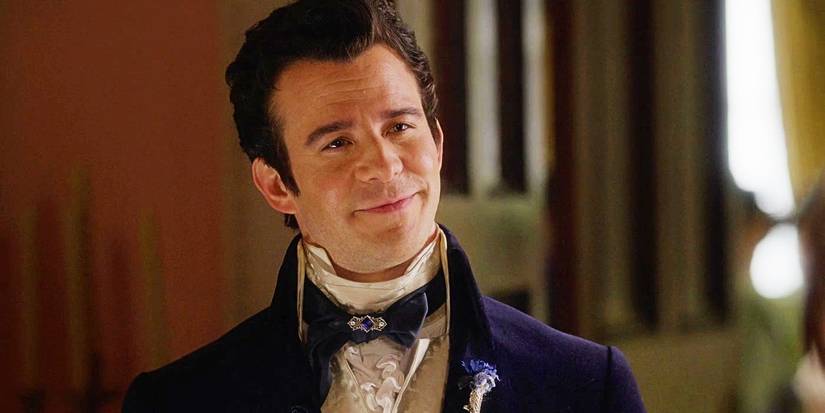 Benedict looking fondly at Eloise, who is out of frame, at Colin and Penelope's reception in Bridgerton season 3