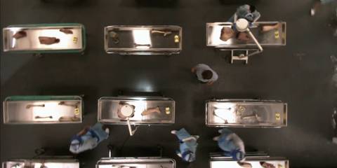 The Bay Harbor Butcher's victims laid out on tables in Dexter season 2, episode 3