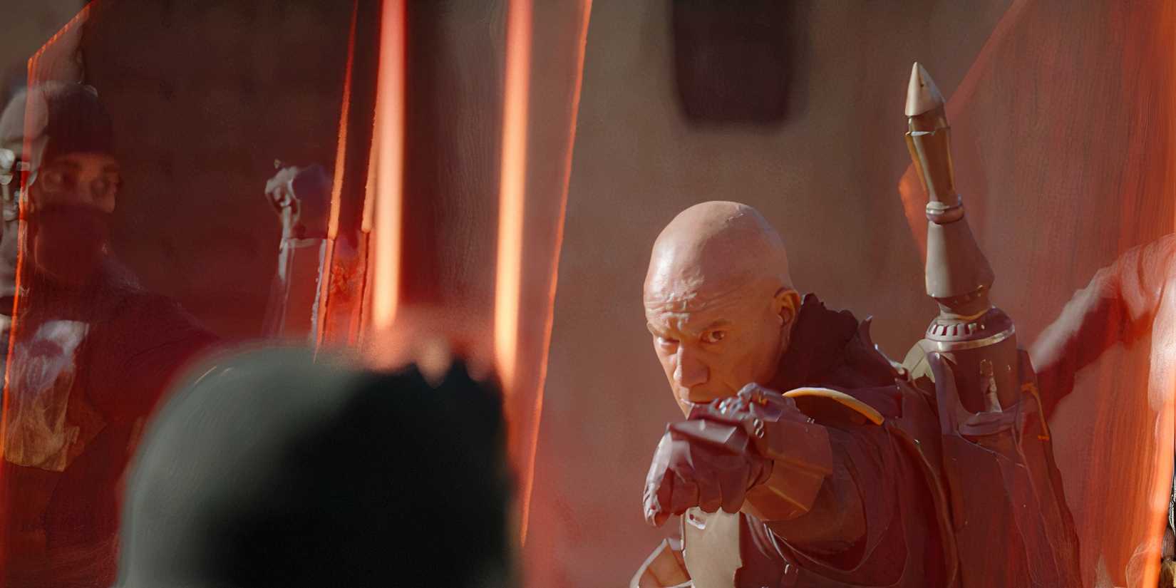 Boba Fett prepares to fire at a group of assassins surrounding him in the streets of Mos Espa in The Book of Boba Fett season 1, episode 1 "Chapter 1: Stranger in a Strange Land."