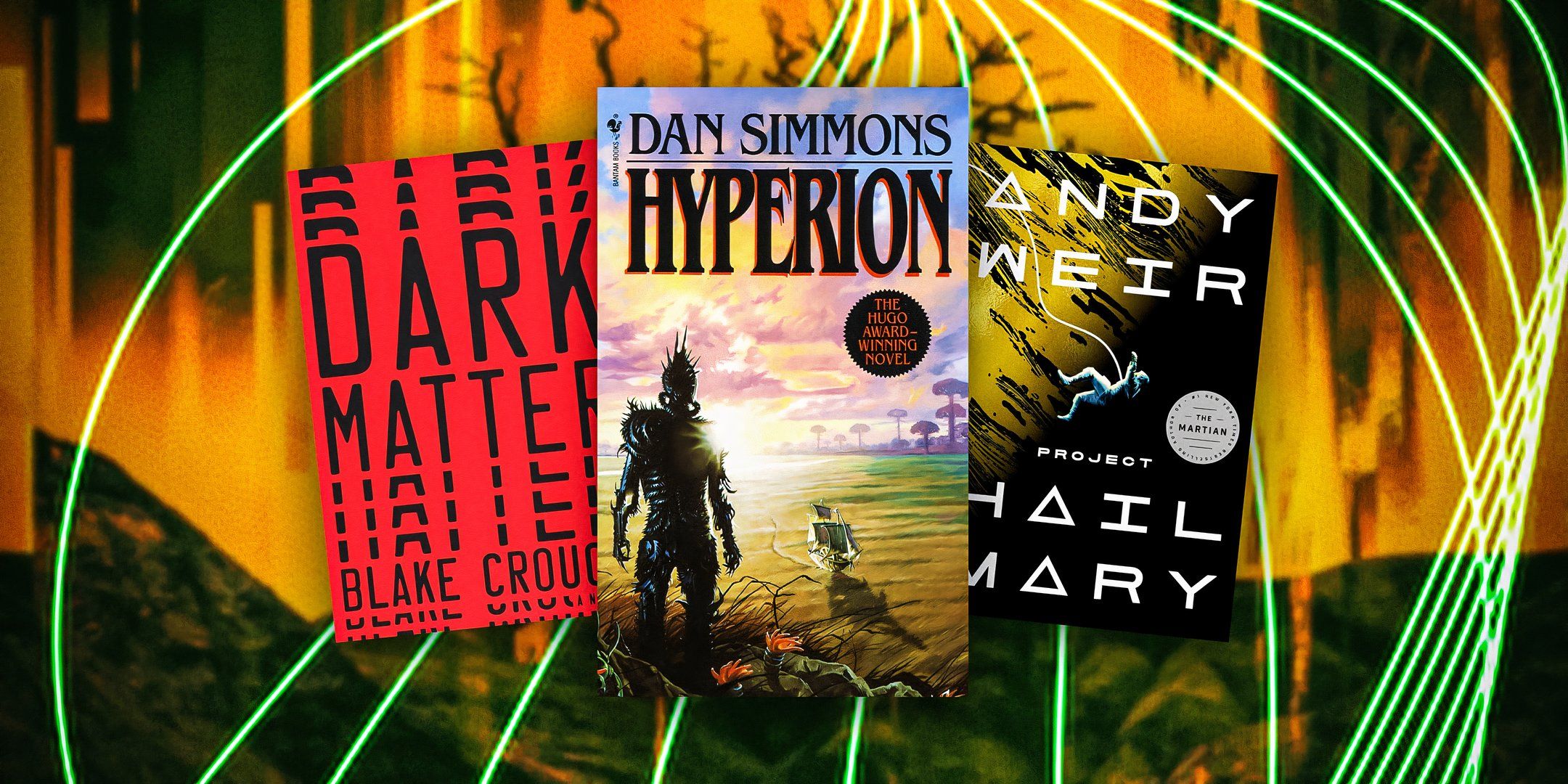 Project Hail Mary, Dark Matter, and Hyperion book covers