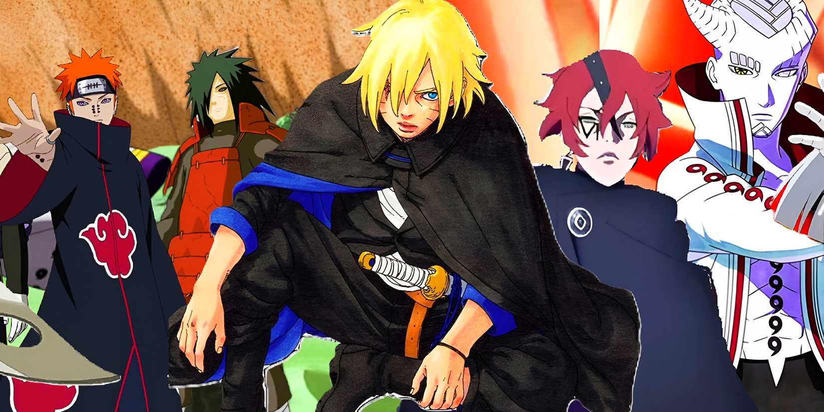 Boruto Uzumaki in front of Boruto and Naruto villains