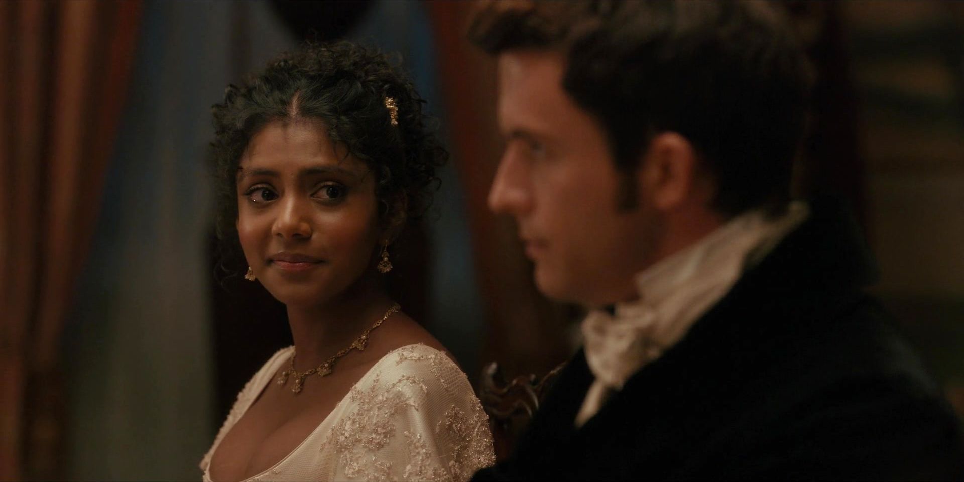 Edwina Sharma (Charithra Chandran) Looking Proudly At Anthony Bridgerton (Jonathan Bailey) In Bridgerton Season 2, Episode 5, 