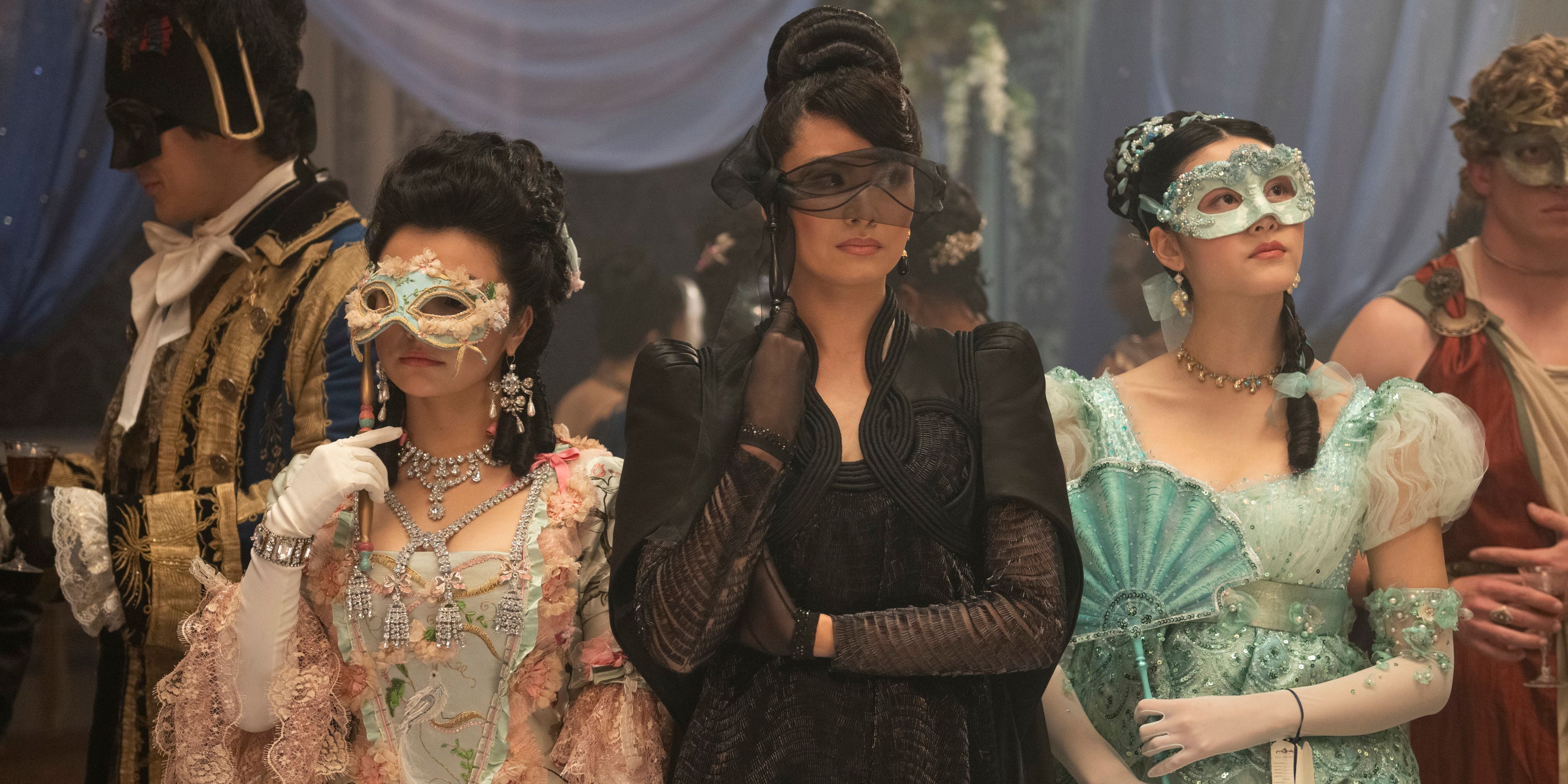 Rosamund Li (Michelle Mao), Lady Araminta Gao (Katie Leung), & Posy Li (Isabella Wei) At The Masquerade Ball In Bridgerton Season 4, Episode 1