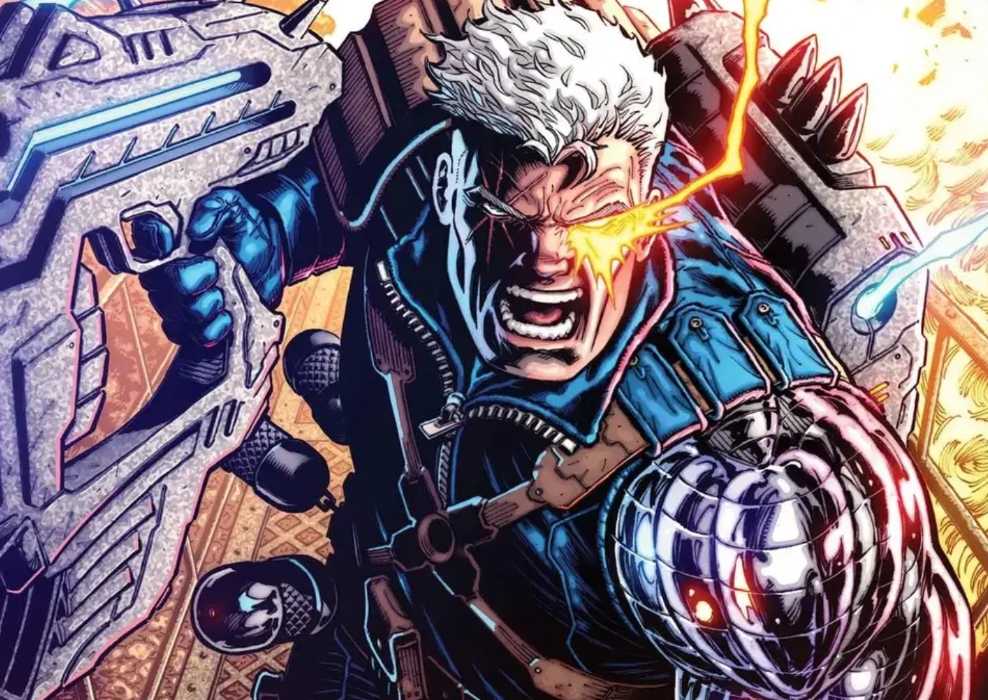 Cable wielding a giant gun, screaming and charging into battle.
