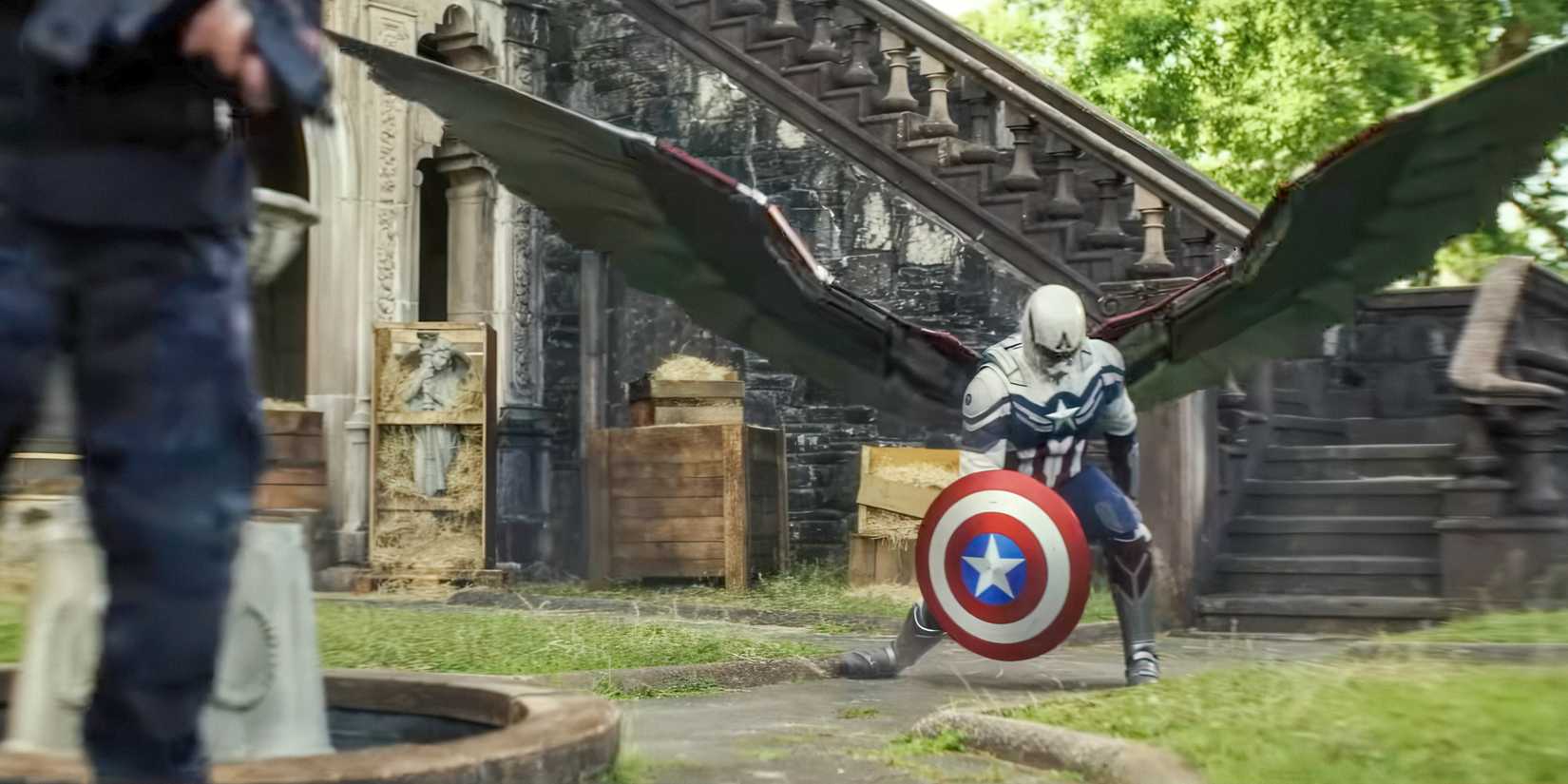 Sam Wilson in new Captain America armor landing in Mexico with shield in Captain America Brave New World