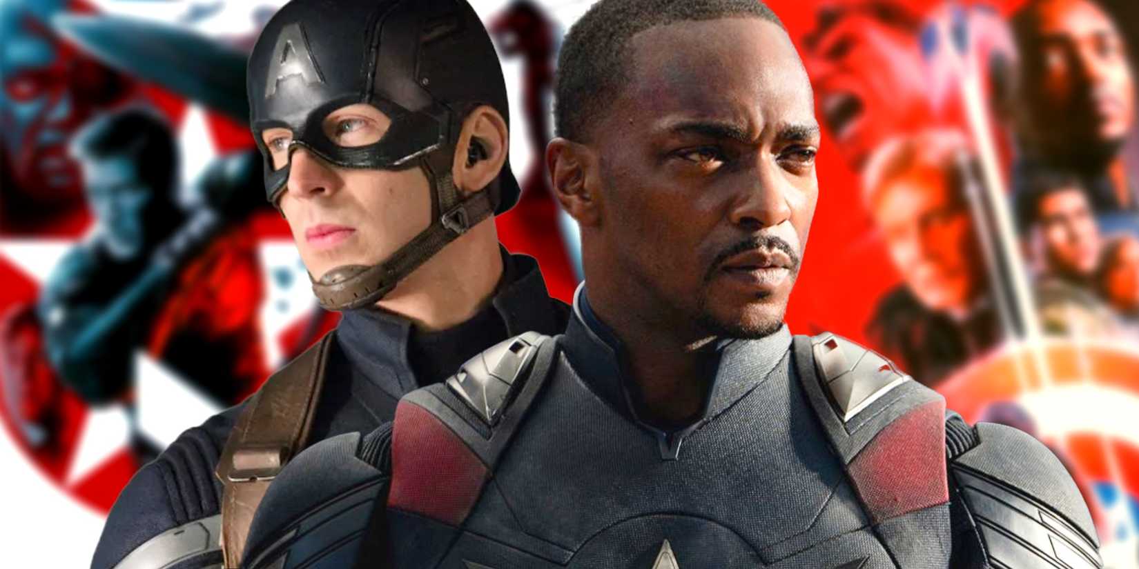 Sam Wilson Captain America and Steve Rogers Wearing Winter Soldier Costume With Brave New World and Winter Soldier MCU Posters