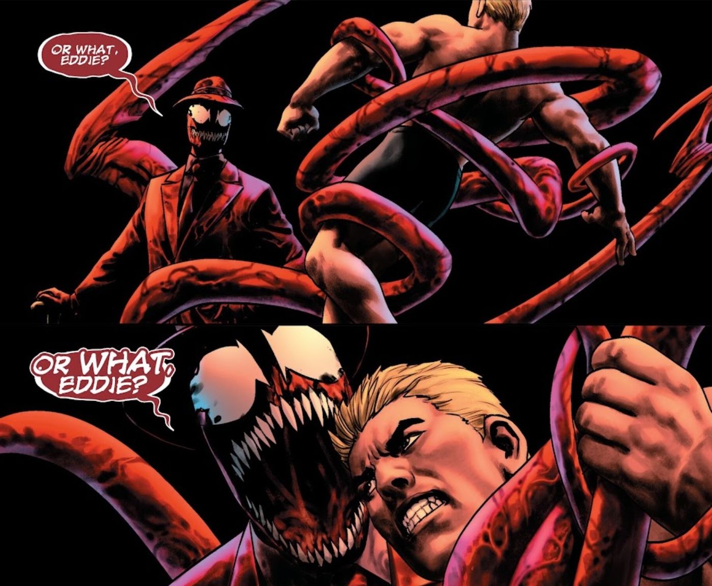 Carnage attacking Eddie Brock in their shared psyche after bonding. 