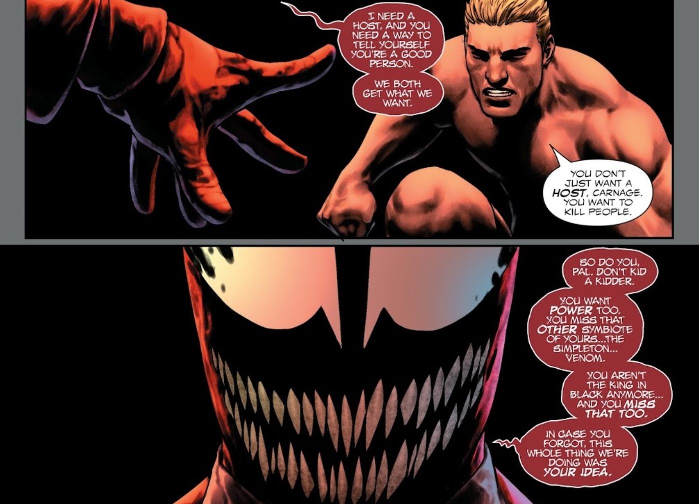 Carnage and Eddie Brock speaking in their shared psyche after bonding. 