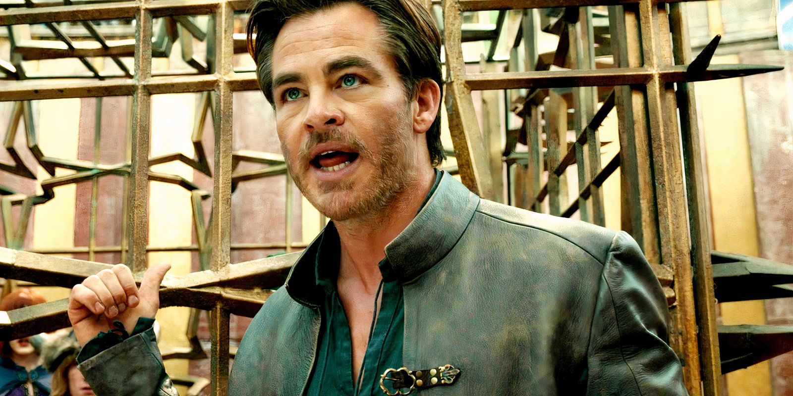 Chris Pine pointing to something behind him in Dungeons and Dragons: Honor Among Thieves