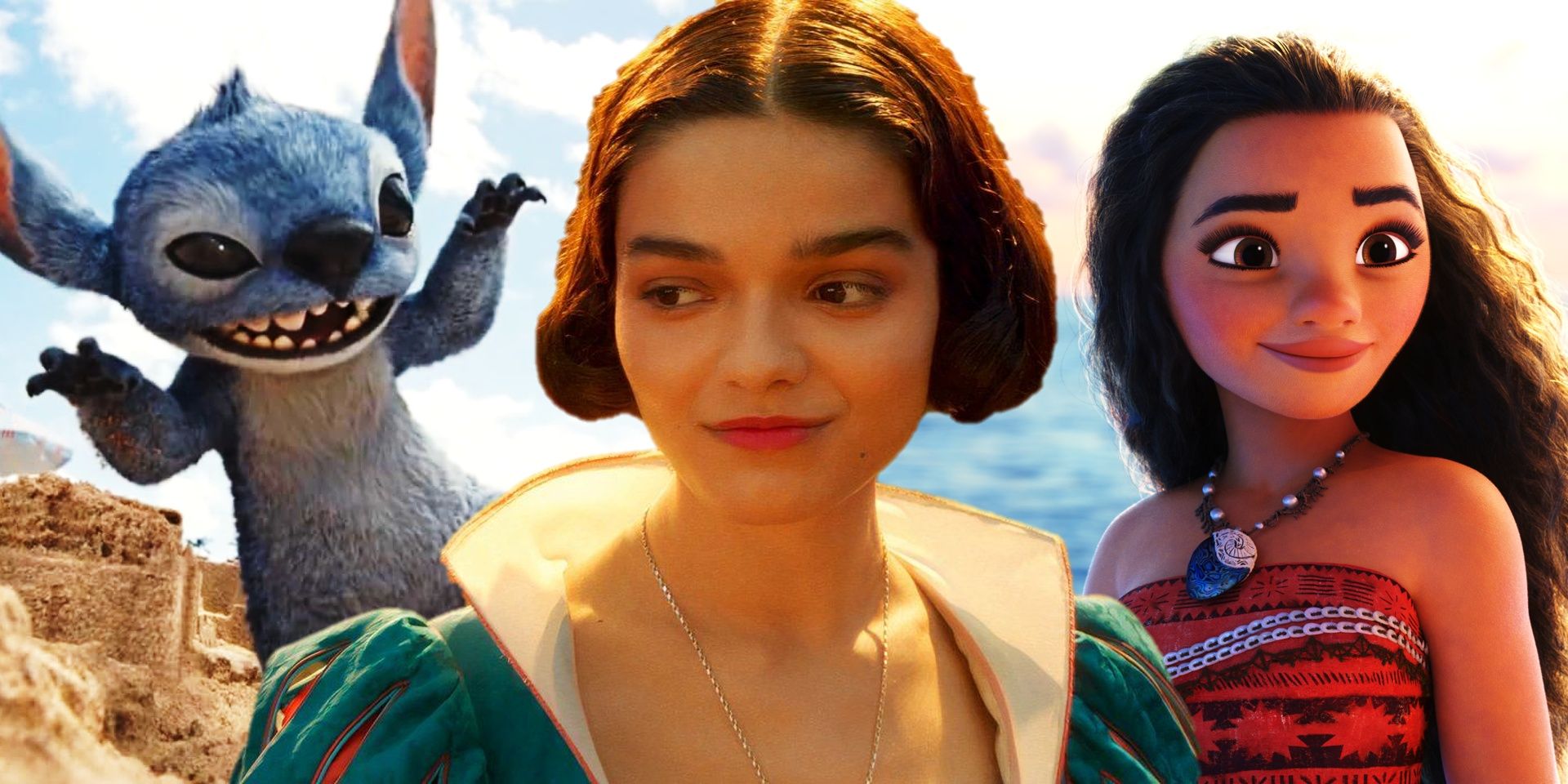 Collage of Stitch, Snow White, and Moana