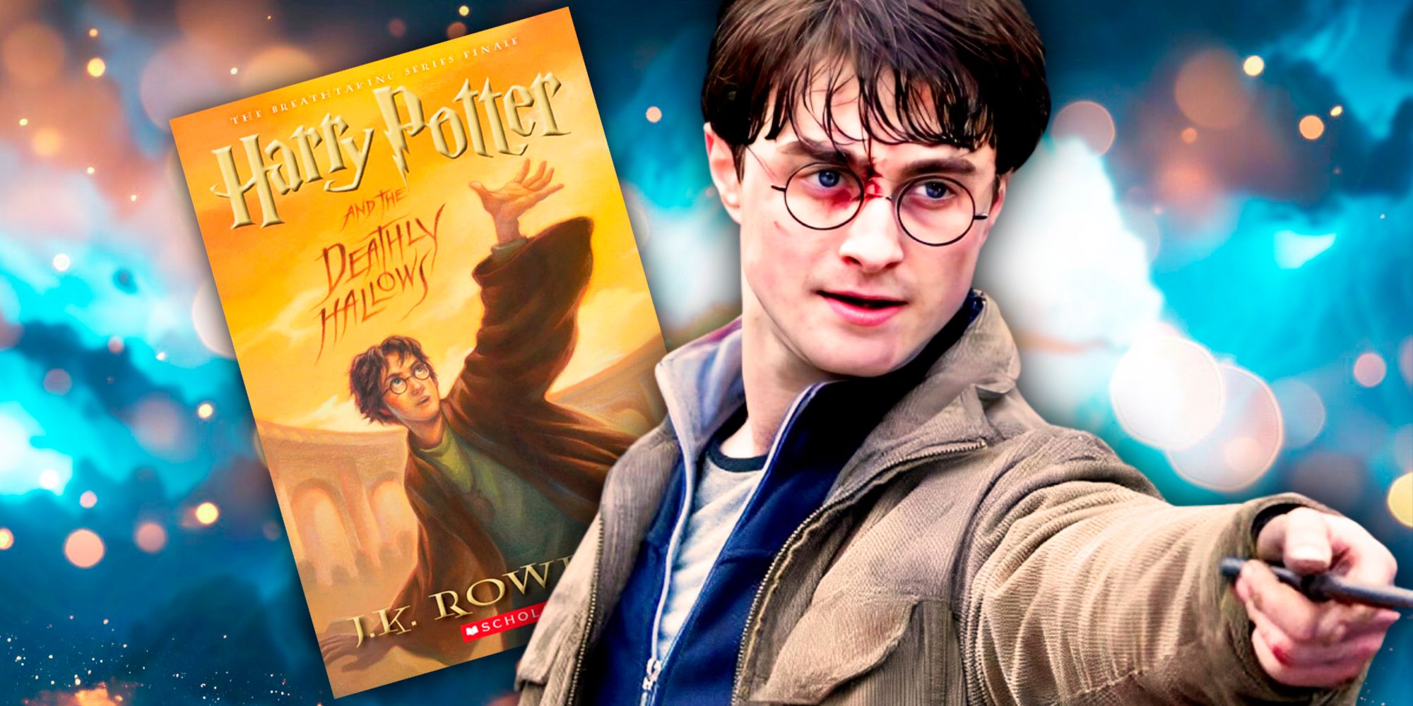 Cover of The Deathly Hallows with older Harry from the movie