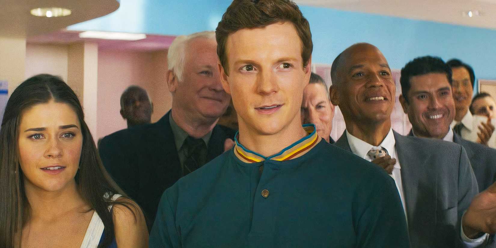 Patrick Gibson smirking as Dexter with a crowd behind him in Dexter Original Sin