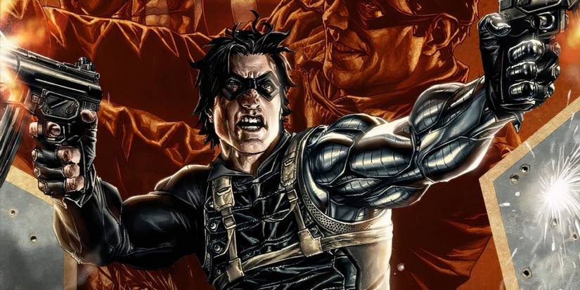 Marvel Comics' Bucky Barnes aka the Winter Soldier shooting guns at an unseen target.