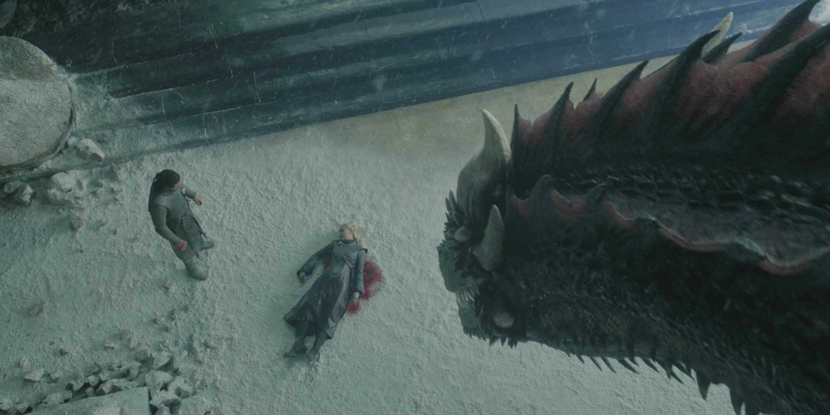 Drogon watches Jon Snow with Daenerys' corpse in Game of Thrones series finale