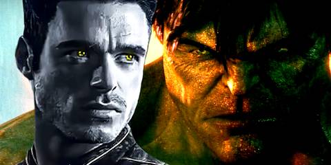 Edward Norton's Hulk stands in the rain in The Incredible Hulk and Richard Madden's Ikaris looks at him in Eternals