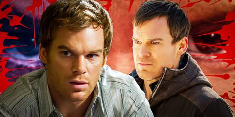 Michael C. Hall as Dexter Morgan in Dexter and Dexter: New Blood in front of a closeup of his eyes