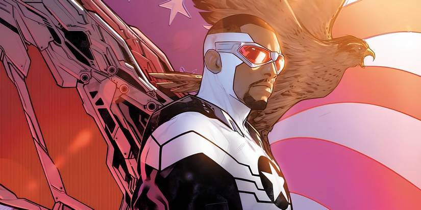Sam Wilson as Captain America in front of the US flag with his pet falcon on his shoulder