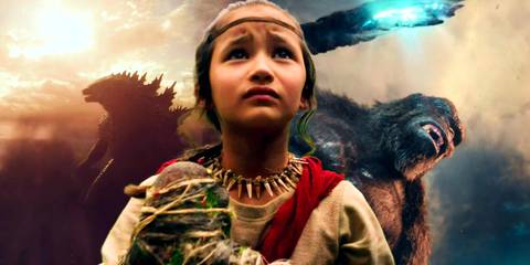 Jia looking up composited with Godzilla walking towards a sunset and Kong holding his battle ax