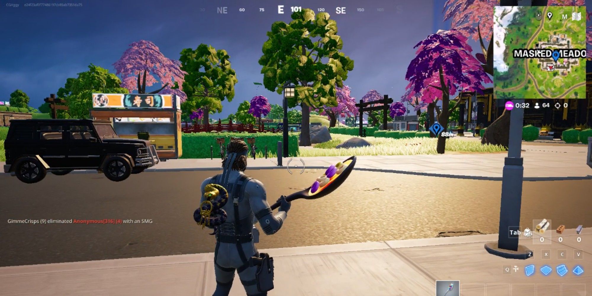 Fortnite, Chapter 6, Season 2 player on masked meadows, looking at a building.