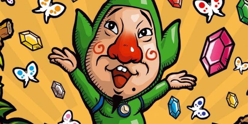 Tingle celebrates with rupees surrounding him in Freshly-Picked Tingle's Rosy Rupeeland