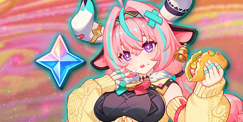 Genshin Impact's Varesa looks surprised as she eats a taco next to a Primogem.