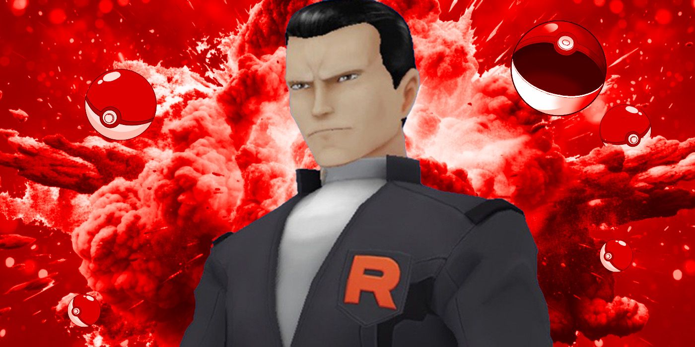 Giovanni In front of a red Pokémon GO background with Poke Balls around him